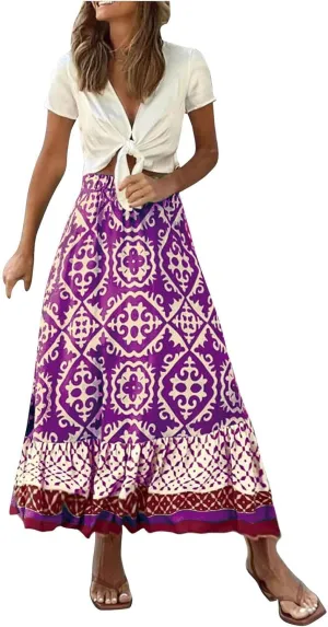 Summer Elegant Maxi Skirt for Women Pleated Beach Long Skirt Vintage Print Casual Vacation Boho High Waist Skirt