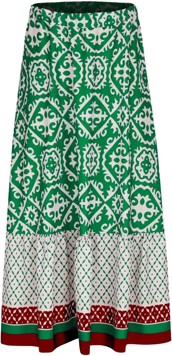 Summer Elegant Maxi Skirt for Women Pleated Beach Long Skirt Vintage Print Casual Vacation Boho High Waist Skirt