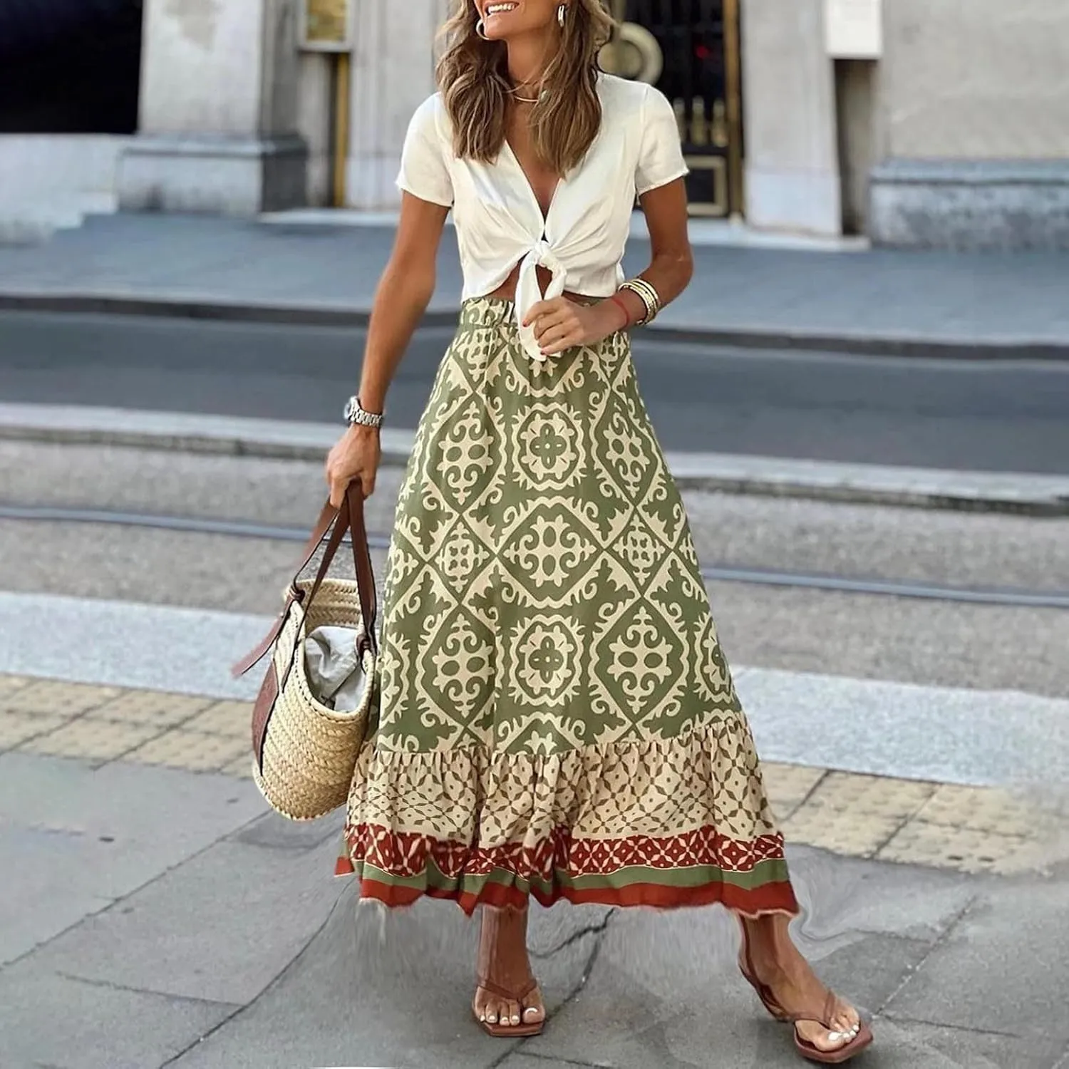 Summer Elegant Maxi Skirt for Women Pleated Beach Long Skirt Vintage Print Casual Vacation Boho High Waist Skirt