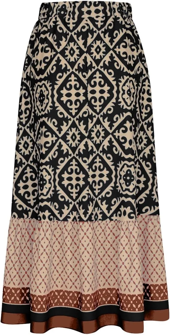 Summer Elegant Maxi Skirt for Women Pleated Beach Long Skirt Vintage Print Casual Vacation Boho High Waist Skirt