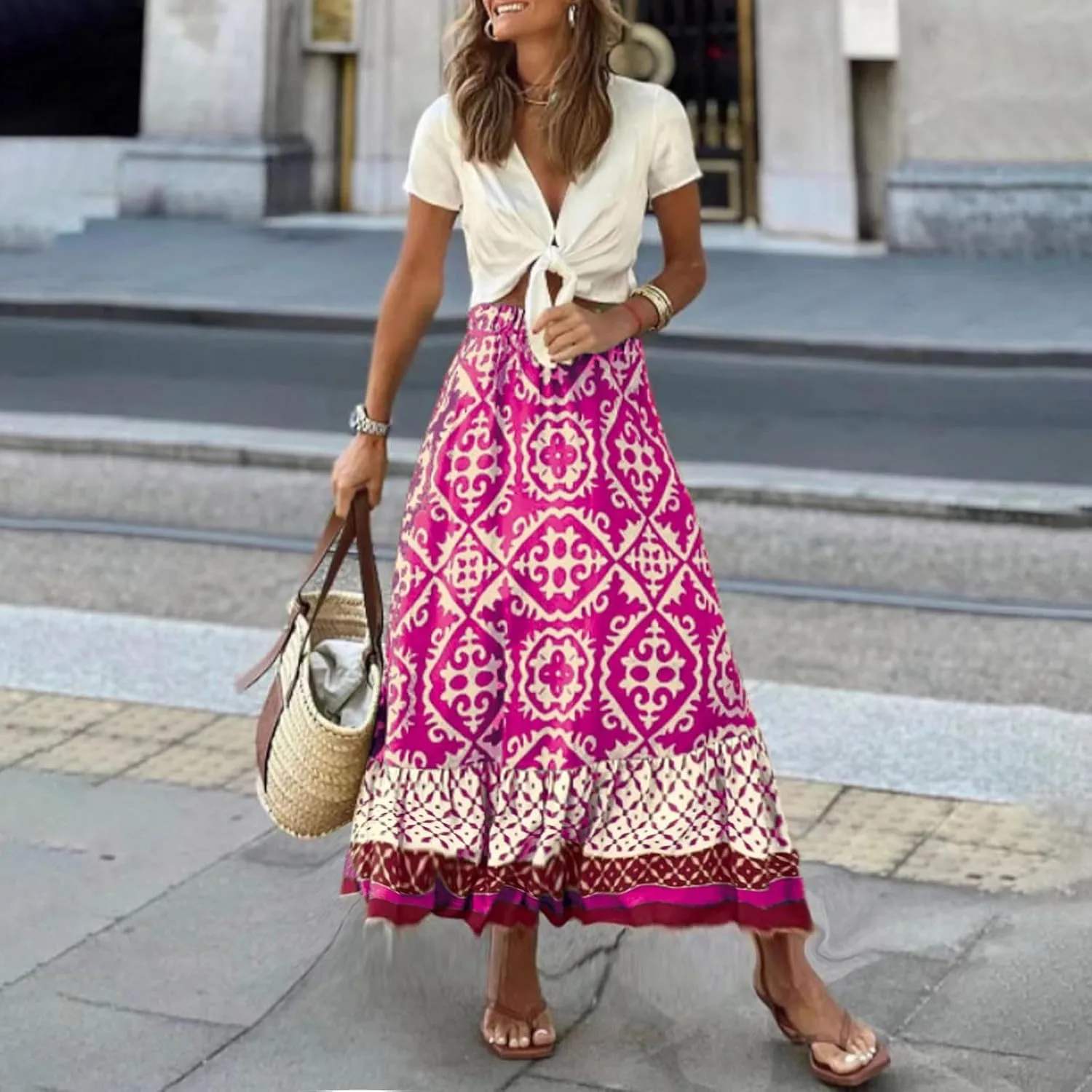 Summer Elegant Maxi Skirt for Women Pleated Beach Long Skirt Vintage Print Casual Vacation Boho High Waist Skirt