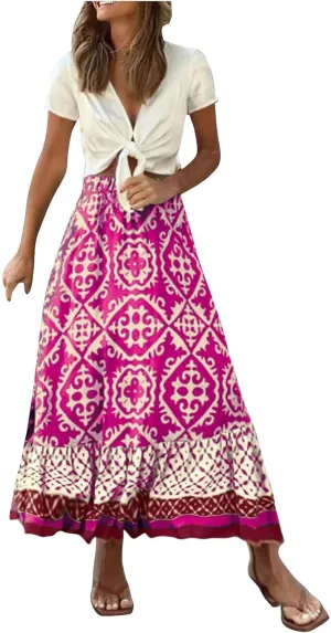 Summer Elegant Maxi Skirt for Women Pleated Beach Long Skirt Vintage Print Casual Vacation Boho High Waist Skirt