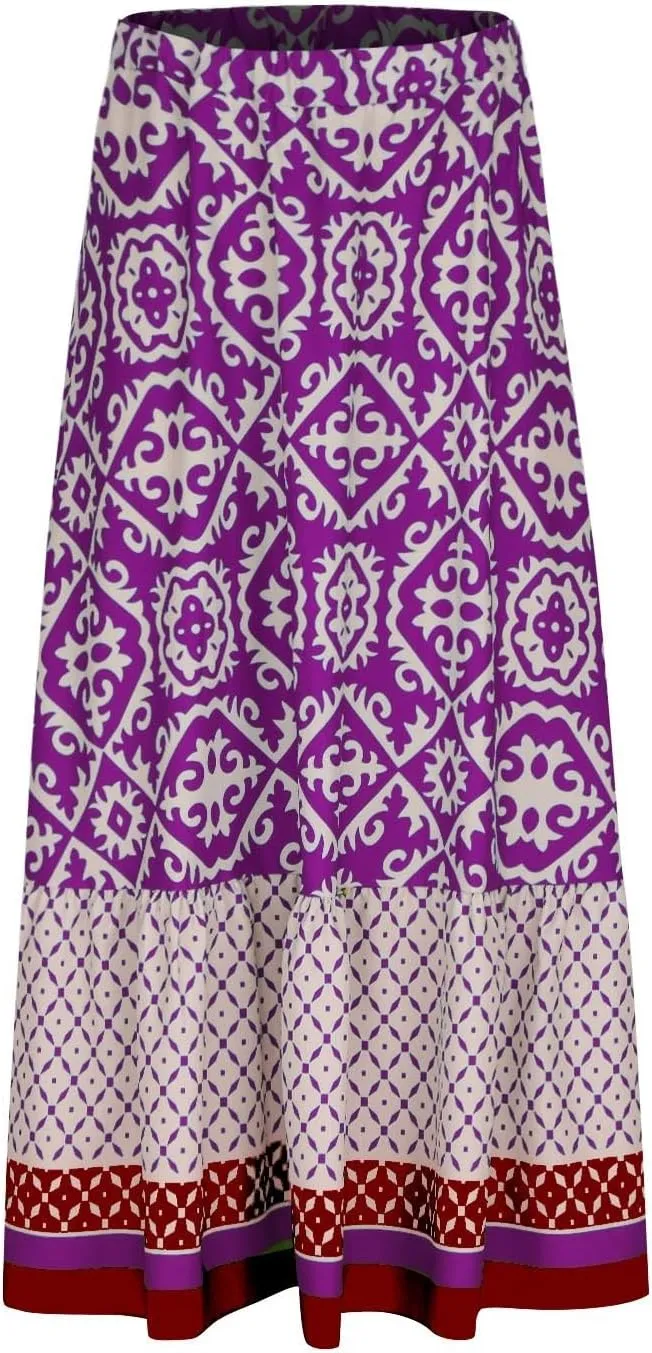 Summer Elegant Maxi Skirt for Women Pleated Beach Long Skirt Vintage Print Casual Vacation Boho High Waist Skirt
