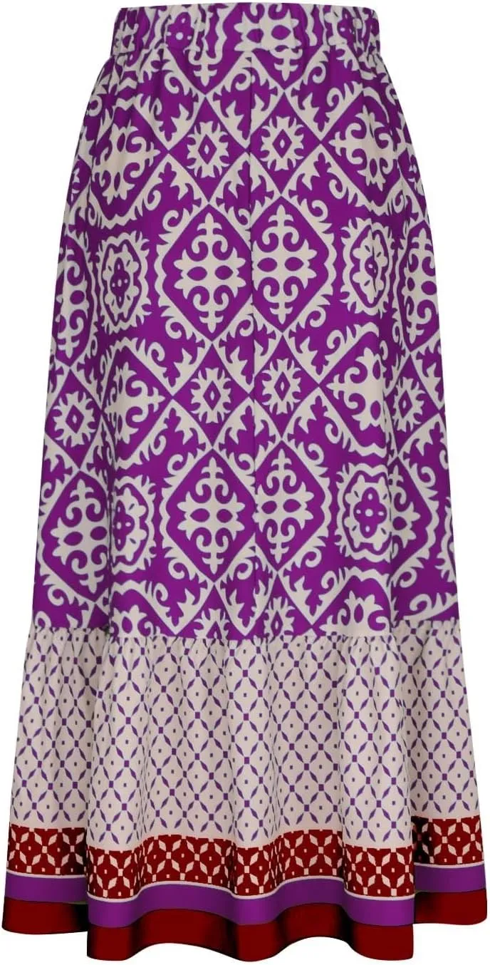 Summer Elegant Maxi Skirt for Women Pleated Beach Long Skirt Vintage Print Casual Vacation Boho High Waist Skirt