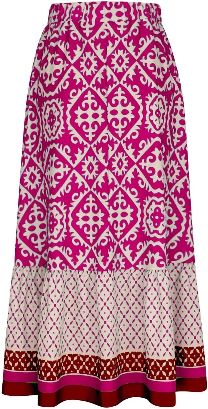 Summer Elegant Maxi Skirt for Women Pleated Beach Long Skirt Vintage Print Casual Vacation Boho High Waist Skirt