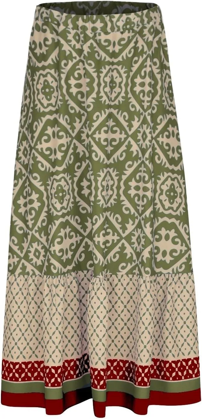 Summer Elegant Maxi Skirt for Women Pleated Beach Long Skirt Vintage Print Casual Vacation Boho High Waist Skirt