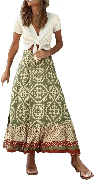 Summer Elegant Maxi Skirt for Women Pleated Beach Long Skirt Vintage Print Casual Vacation Boho High Waist Skirt