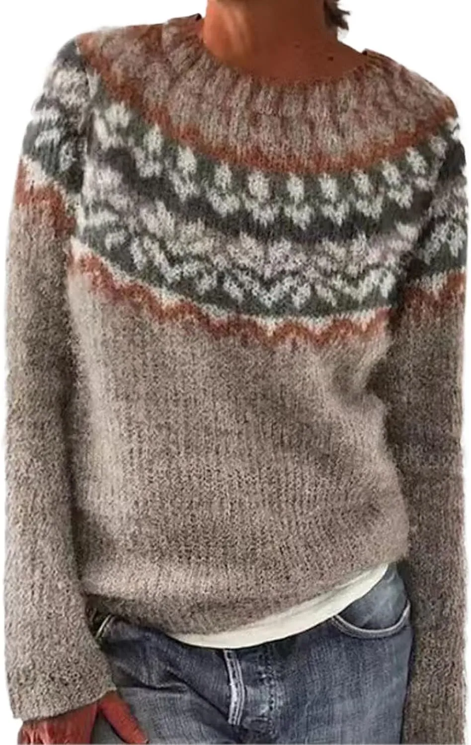Sweater for Women Knitted Long Sleeve Sweater Tops Fair Isle Print Ugly Christmas Pullover Retro Crewneck Sweaters