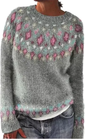 Sweater for Women Knitted Long Sleeve Sweater Tops Fair Isle Print Ugly Christmas Pullover Retro Crewneck Sweaters