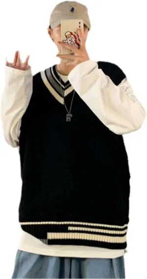 Sweater Vest Men V-Neck Japanese Students High Street Baggy Unisex Male Teens Clothing All-Match Casual Simply