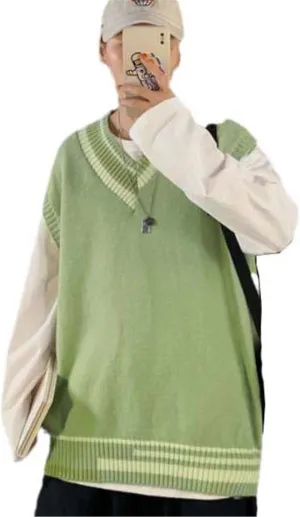 Sweater Vest Men V-Neck Japanese Students High Street Baggy Unisex Male Teens Clothing All-Match Casual Simply