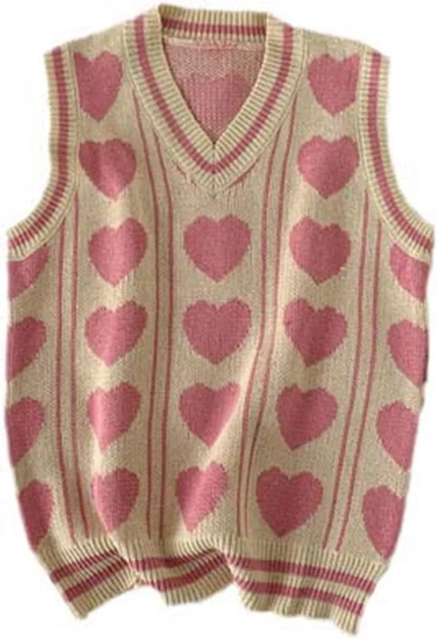 Sweet Sweater Vests Men Heart Printed Couple Knitted V-Neck Stylish Sleeveless Clothing Hombre Jumpers