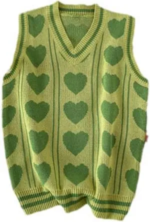 Sweet Sweater Vests Men Heart Printed Couple Knitted V-Neck Stylish Sleeveless Clothing Hombre Jumpers