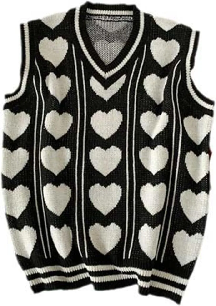 Sweet Sweater Vests Men Heart Printed Couple Knitted V-Neck Stylish Sleeveless Clothing Hombre Jumpers