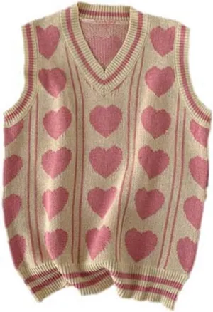 Sweet Sweater Vests Men Heart Printed Couple Knitted V-Neck Stylish Sleeveless Clothing Hombre Jumpers