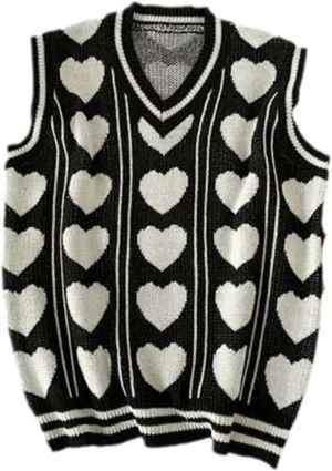 Sweet Sweater Vests Men Heart Printed Couple Knitted V-Neck Stylish Sleeveless Clothing Hombre Jumpers
