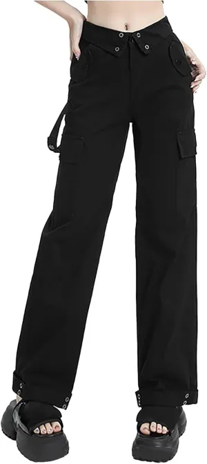 Teen Girls Y2k Cargo Pants Straight Wide Leg Baggy Joggers Fold-Over Waist Stylish Hip Hop Streetwear Hiking Pants