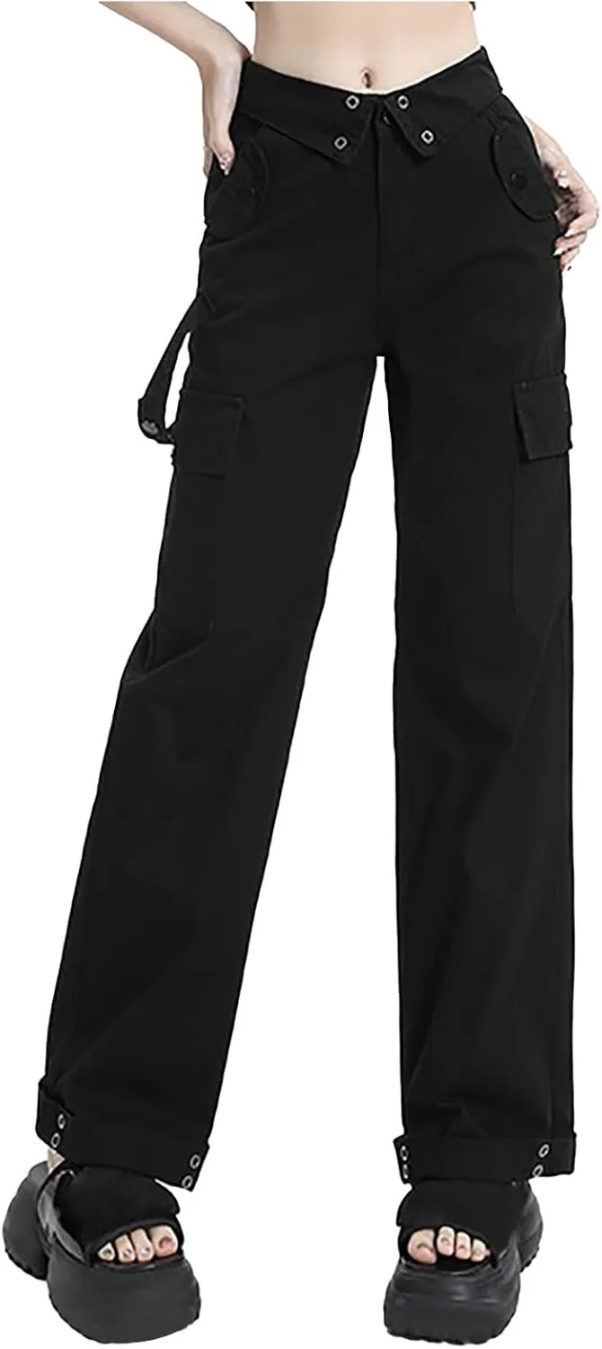 Teen Girls Y2k Cargo Pants Straight Wide Leg Baggy Joggers Fold-Over Waist Stylish Hip Hop Streetwear Hiking Pants