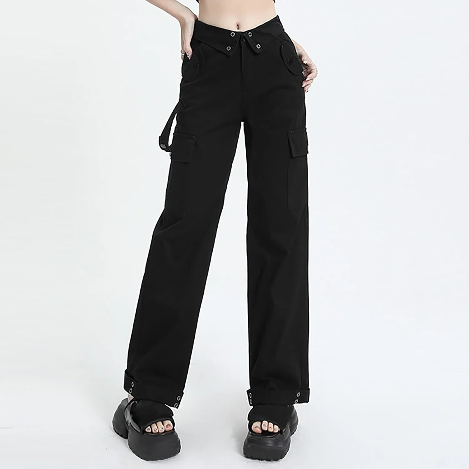 Teen Girls Y2k Cargo Pants Straight Wide Leg Baggy Joggers Fold-Over Waist Stylish Hip Hop Streetwear Hiking Pants