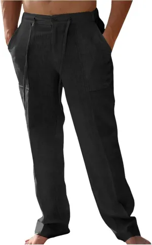 Thatrich Mens Casual Linen Pants Casual Elastic Waist Loose Fit Beach Pant Breathable Workout Running Yoga Trousers Slacks