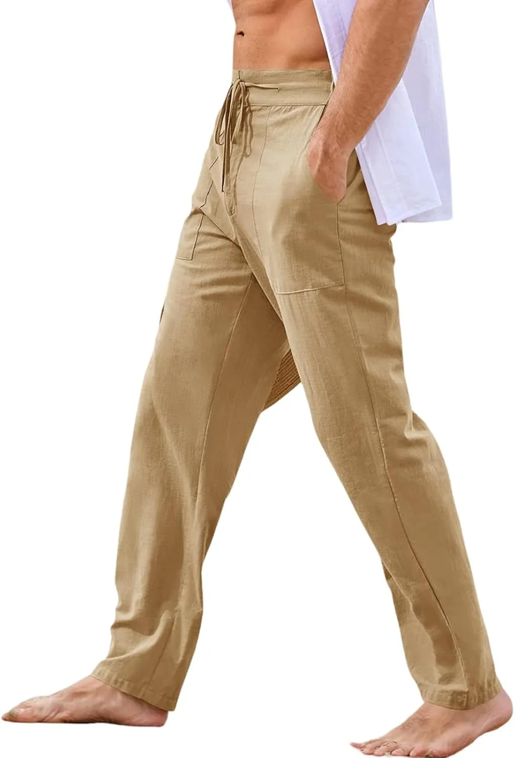 Thatrich Mens Casual Linen Pants Casual Elastic Waist Loose Fit Beach Pant Breathable Workout Running Yoga Trousers Slacks