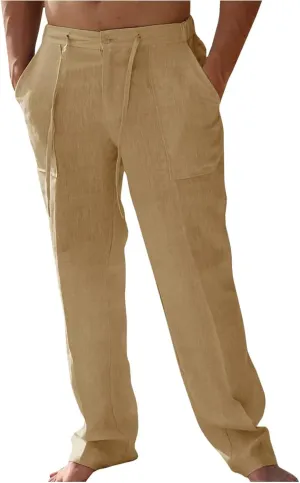 Thatrich Mens Casual Linen Pants Casual Elastic Waist Loose Fit Beach Pant Breathable Workout Running Yoga Trousers Slacks