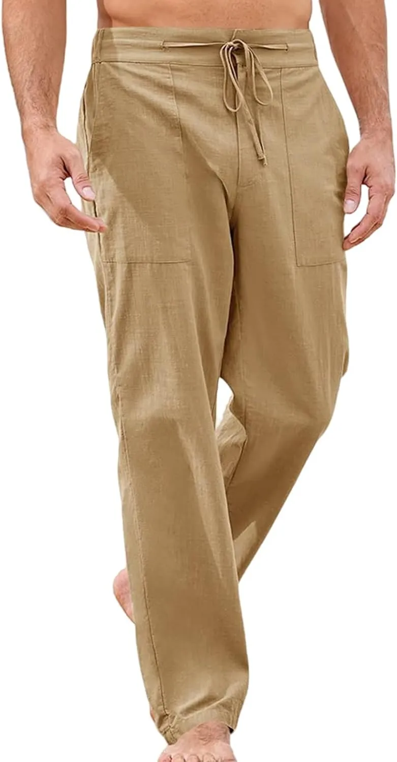 Thatrich Mens Casual Linen Pants Casual Elastic Waist Loose Fit Beach Pant Breathable Workout Running Yoga Trousers Slacks