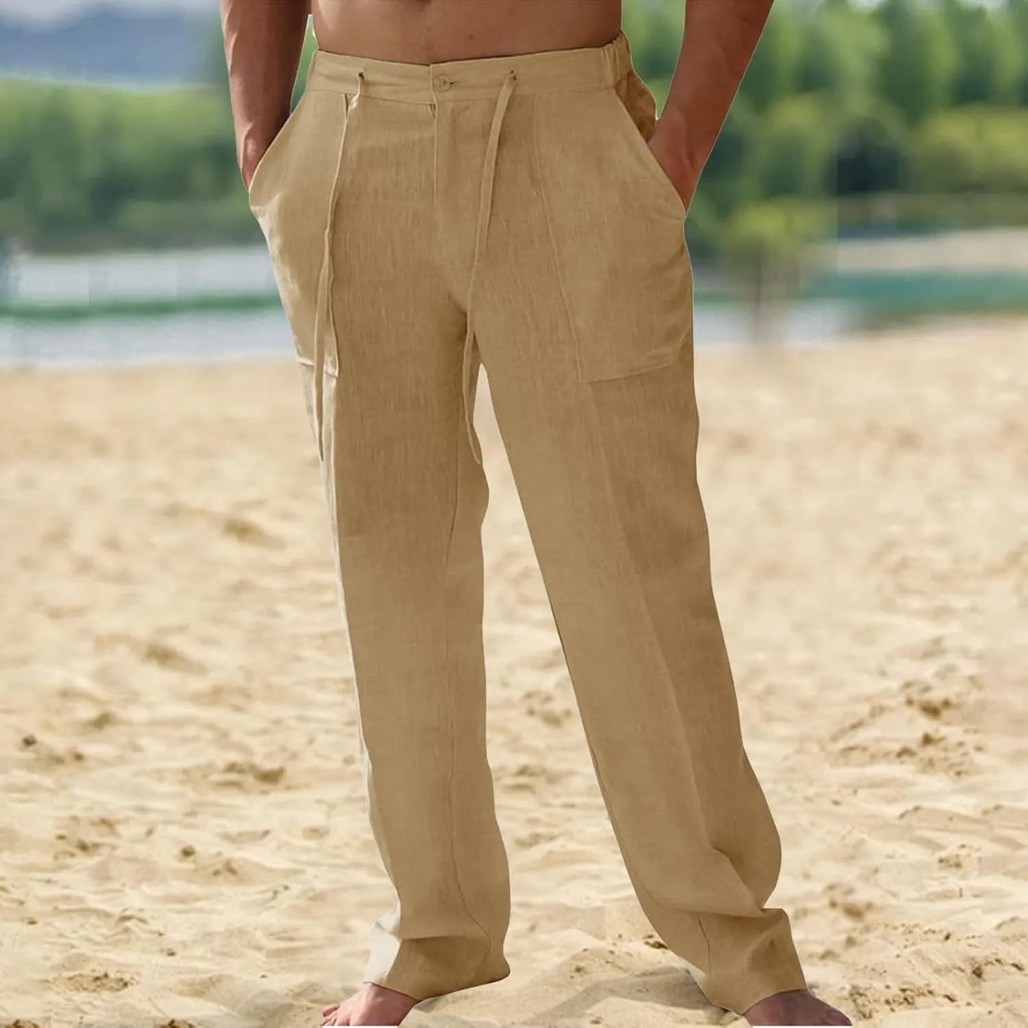 Thatrich Mens Casual Linen Pants Casual Elastic Waist Loose Fit Beach Pant Breathable Workout Running Yoga Trousers Slacks