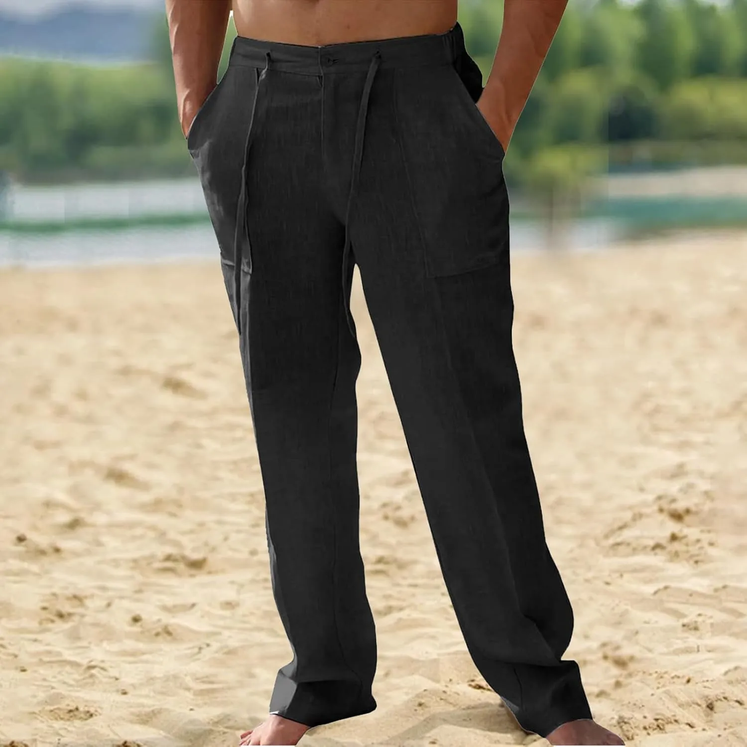 Thatrich Mens Casual Linen Pants Casual Elastic Waist Loose Fit Beach Pant Breathable Workout Running Yoga Trousers Slacks