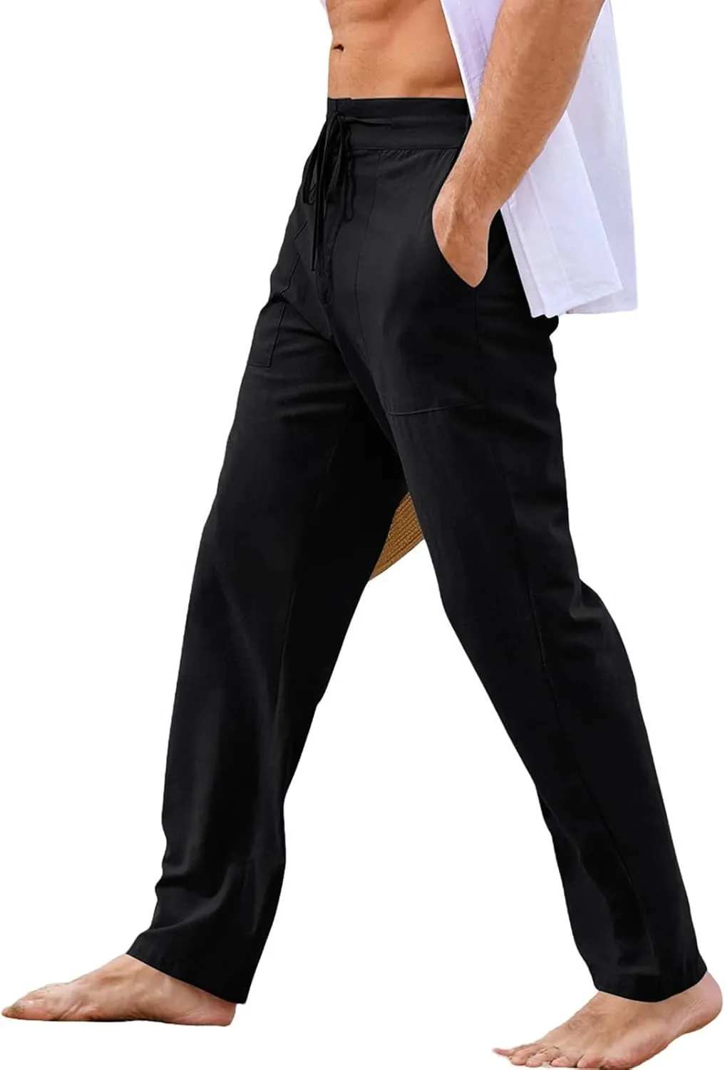 Thatrich Mens Casual Linen Pants Casual Elastic Waist Loose Fit Beach Pant Breathable Workout Running Yoga Trousers Slacks