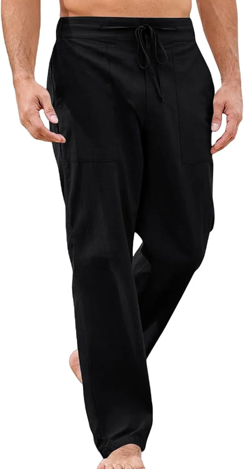 Thatrich Mens Casual Linen Pants Casual Elastic Waist Loose Fit Beach Pant Breathable Workout Running Yoga Trousers Slacks