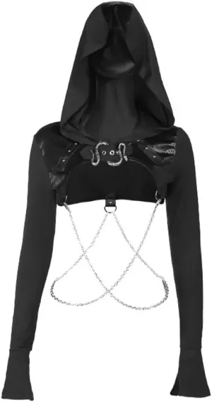 TOMETO STAR Women Gothic Punk Hoodies Bandage Crop Tops Long Sleeve Pullover Sweatshirt for Rave Festivals Streetwear