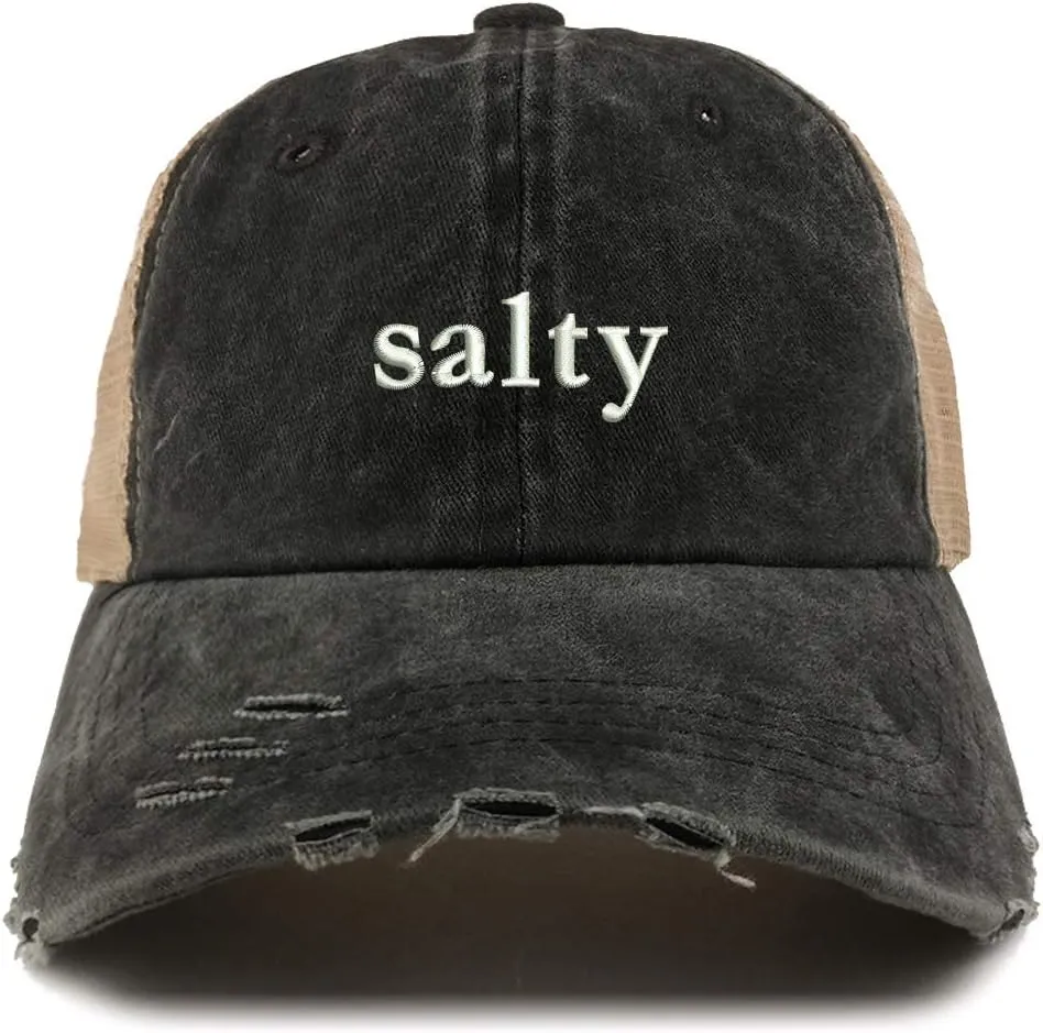 Trendy Apparel Shop Salty Embroidered Washed Front Mesh Back Frayed Bill Cap
