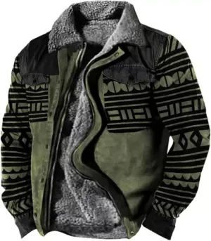 Trendy Western Aztec Vintage Print Sherpa Jackets Men Fleece Lined Jacket Ethnic Style Casual Zipper Winter Warm Coat
