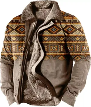 Trendy Western Aztec Vintage Print Sherpa Jackets Men Fleece Lined Jacket Ethnic Style Casual Zipper Winter Warm Coat