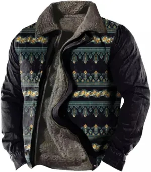 Trendy Western Aztec Vintage Print Sherpa Jackets Men Fleece Lined Jacket Ethnic Style Casual Zipper Winter Warm Coat
