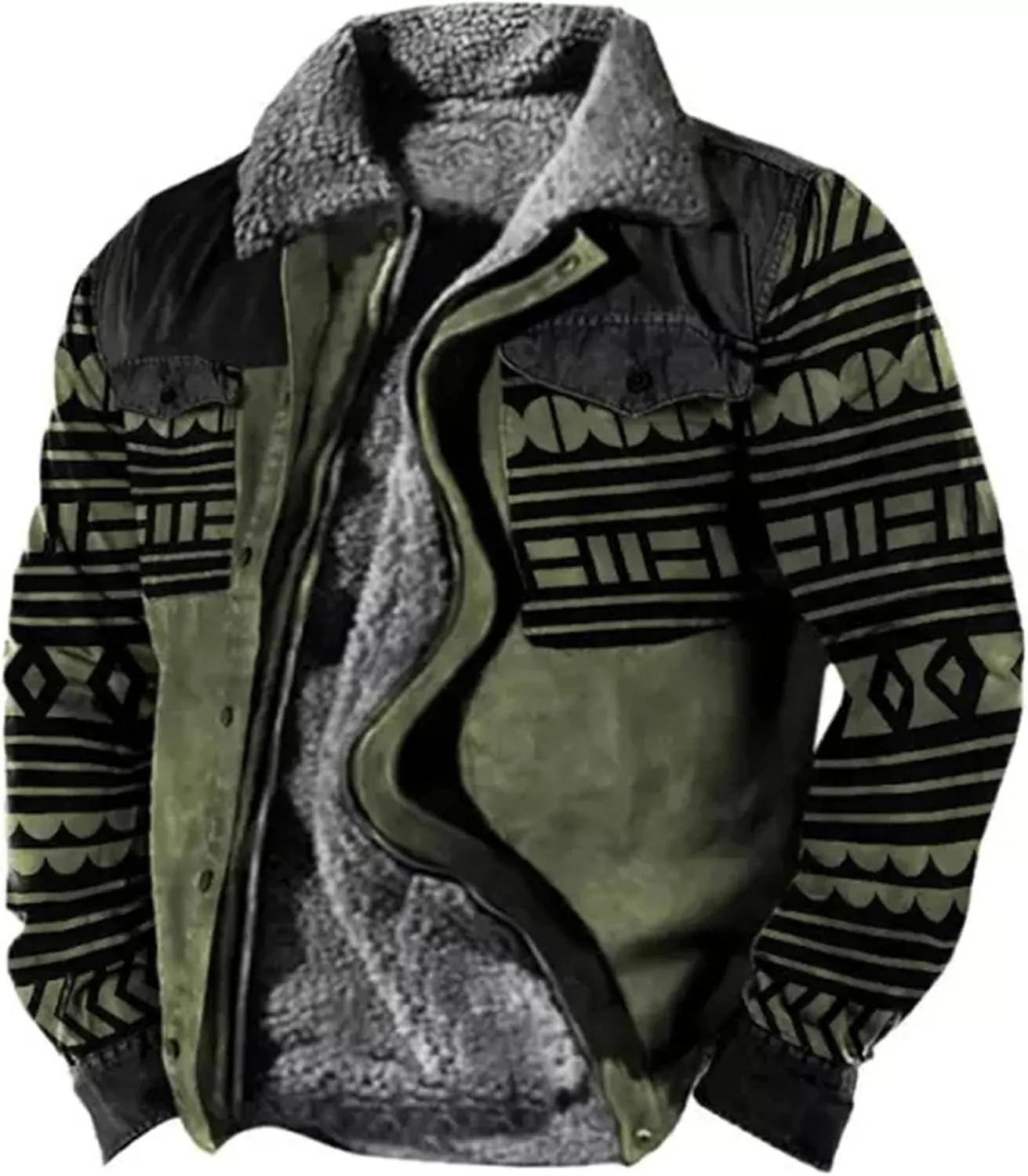 Trendy Western Aztec Vintage Print Sherpa Jackets Men Fleece Lined Jacket Ethnic Style Casual Zipper Winter Warm Coat