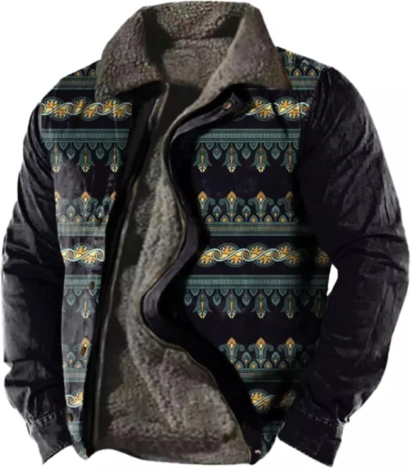 Trendy Western Aztec Vintage Print Sherpa Jackets Men Fleece Lined Jacket Ethnic Style Casual Zipper Winter Warm Coat