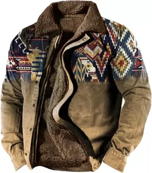 Trendy Western Aztec Vintage Print Sherpa Jackets Men Fleece Lined Jacket Ethnic Style Casual Zipper Winter Warm Coat
