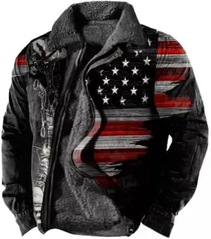 Trendy Western Aztec Vintage Print Sherpa Jackets Men Fleece Lined Jacket Ethnic Style Casual Zipper Winter Warm Coat
