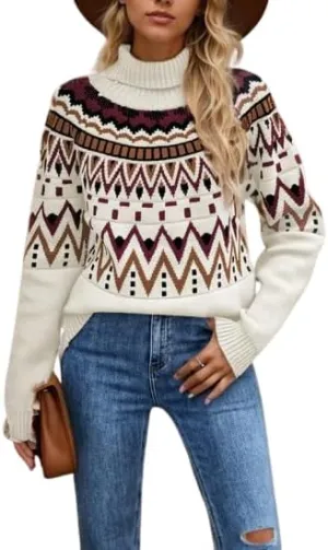 Turtleneck Sweater for Women Oversized Long Sleeve Ribbed Knit Pullover Sweater Casual Vintage Print Loose Jumper Top
