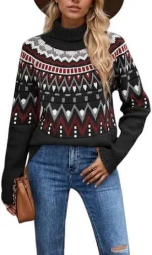 Turtleneck Sweater for Women Oversized Long Sleeve Ribbed Knit Pullover Sweater Casual Vintage Print Loose Jumper Top