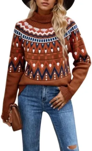 Turtleneck Sweater for Women Oversized Long Sleeve Ribbed Knit Pullover Sweater Casual Vintage Print Loose Jumper Top