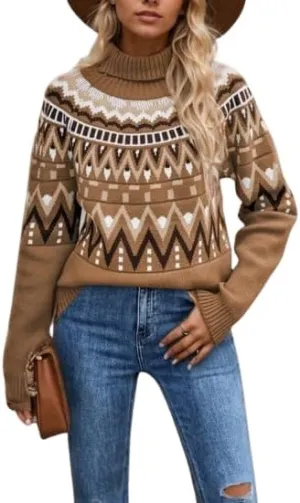 Turtleneck Sweater for Women Oversized Long Sleeve Ribbed Knit Pullover Sweater Casual Vintage Print Loose Jumper Top