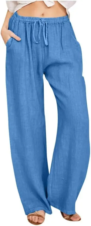 Uillui Ladies Low Waisted Flowy Flare Trousers Athletic Gym Fitness Yoga Straight Leg Pants Cotton Linen Work Wide Leg Pants