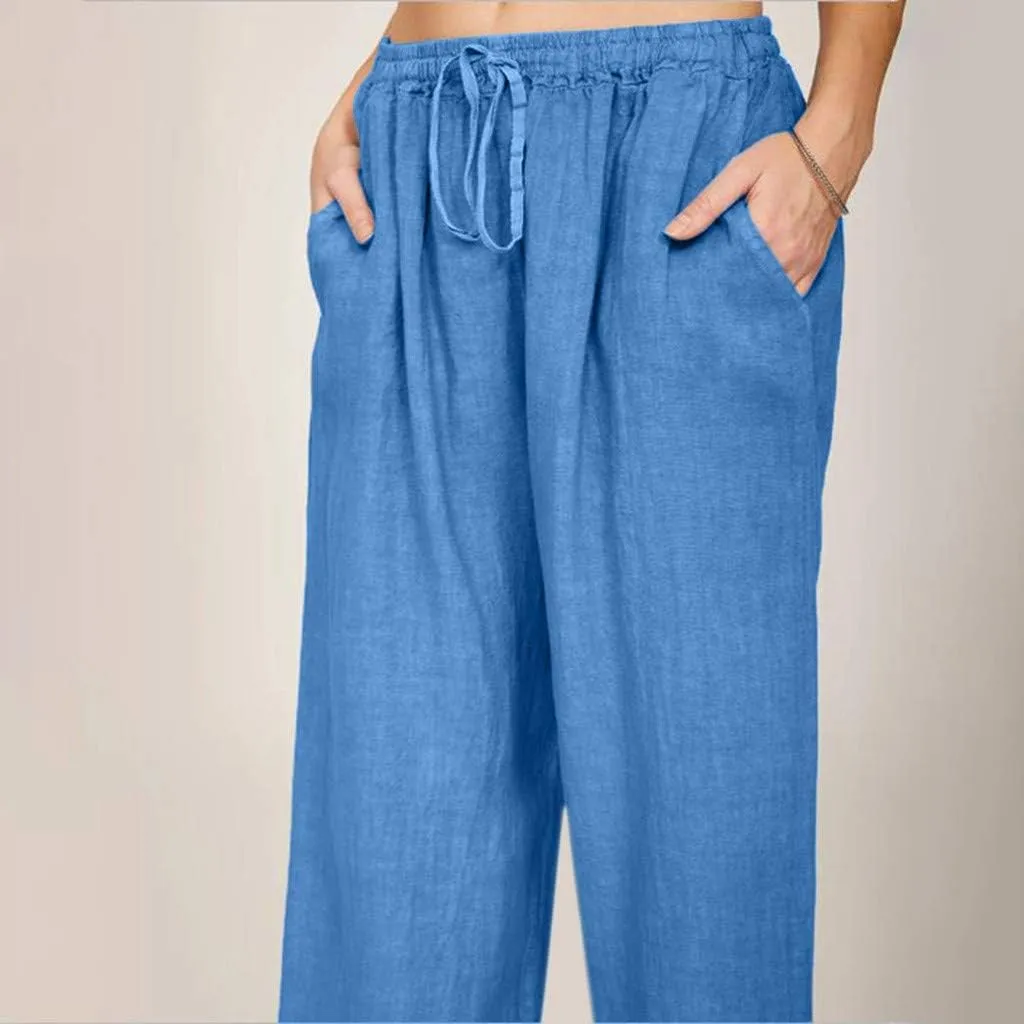 Uillui Ladies Low Waisted Flowy Flare Trousers Athletic Gym Fitness Yoga Straight Leg Pants Cotton Linen Work Wide Leg Pants