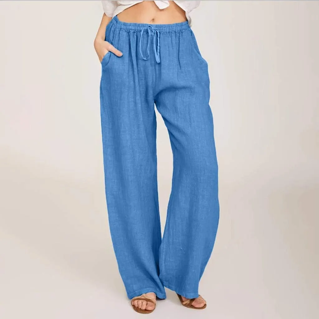 Uillui Ladies Low Waisted Flowy Flare Trousers Athletic Gym Fitness Yoga Straight Leg Pants Cotton Linen Work Wide Leg Pants