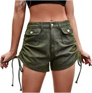 Uillui Summer Cargo Shorts for Womens Juniors 5" Comfy High Waisted Wide Leg Denim Shorts Drawstring Side Casual Short Jeans
