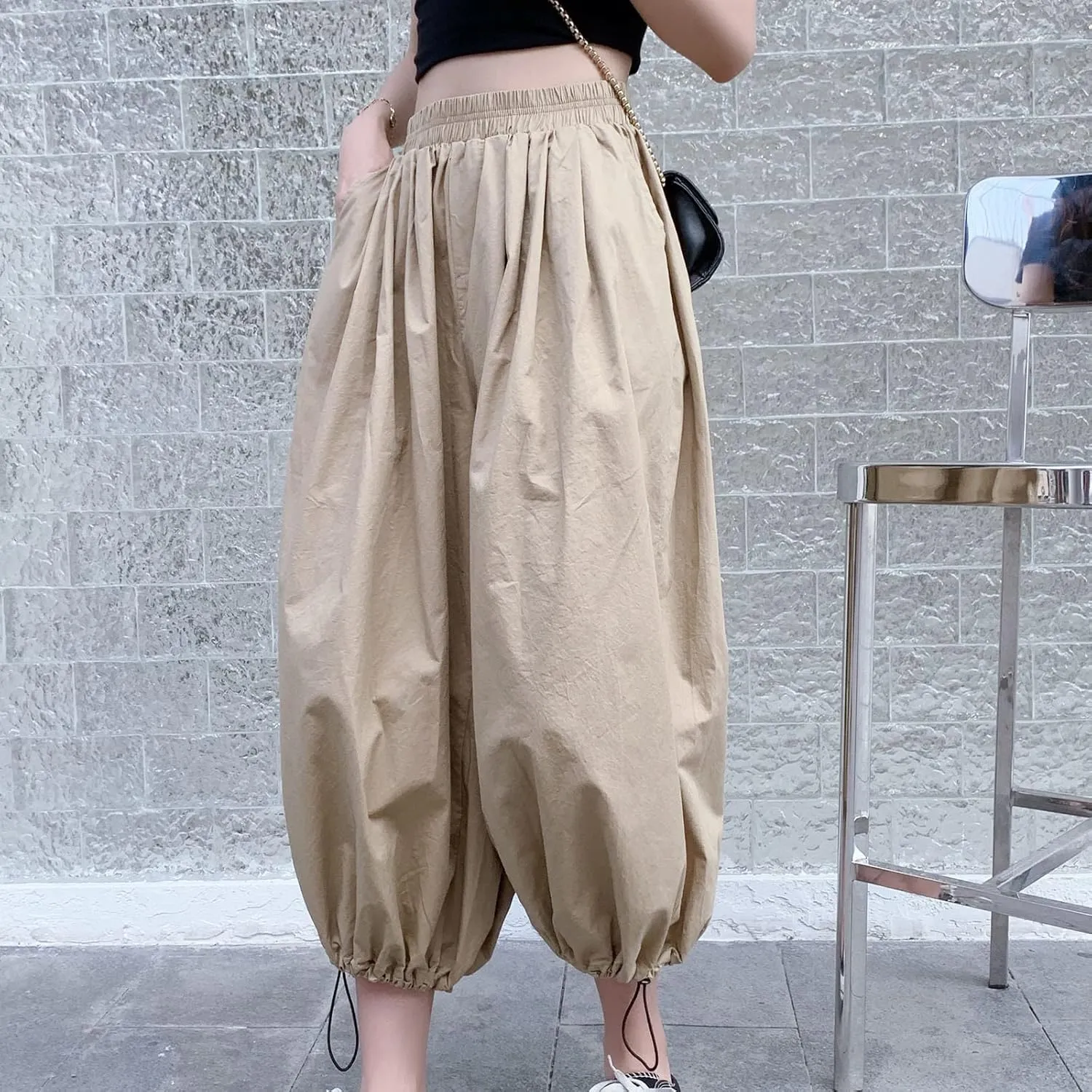 Uillui Women's Boho Harem Crop Pants Wide Leg Hippie Gypsy Yoga Capris Elastic Waist Loose Baggy Casual Palazzo Pants Pocket