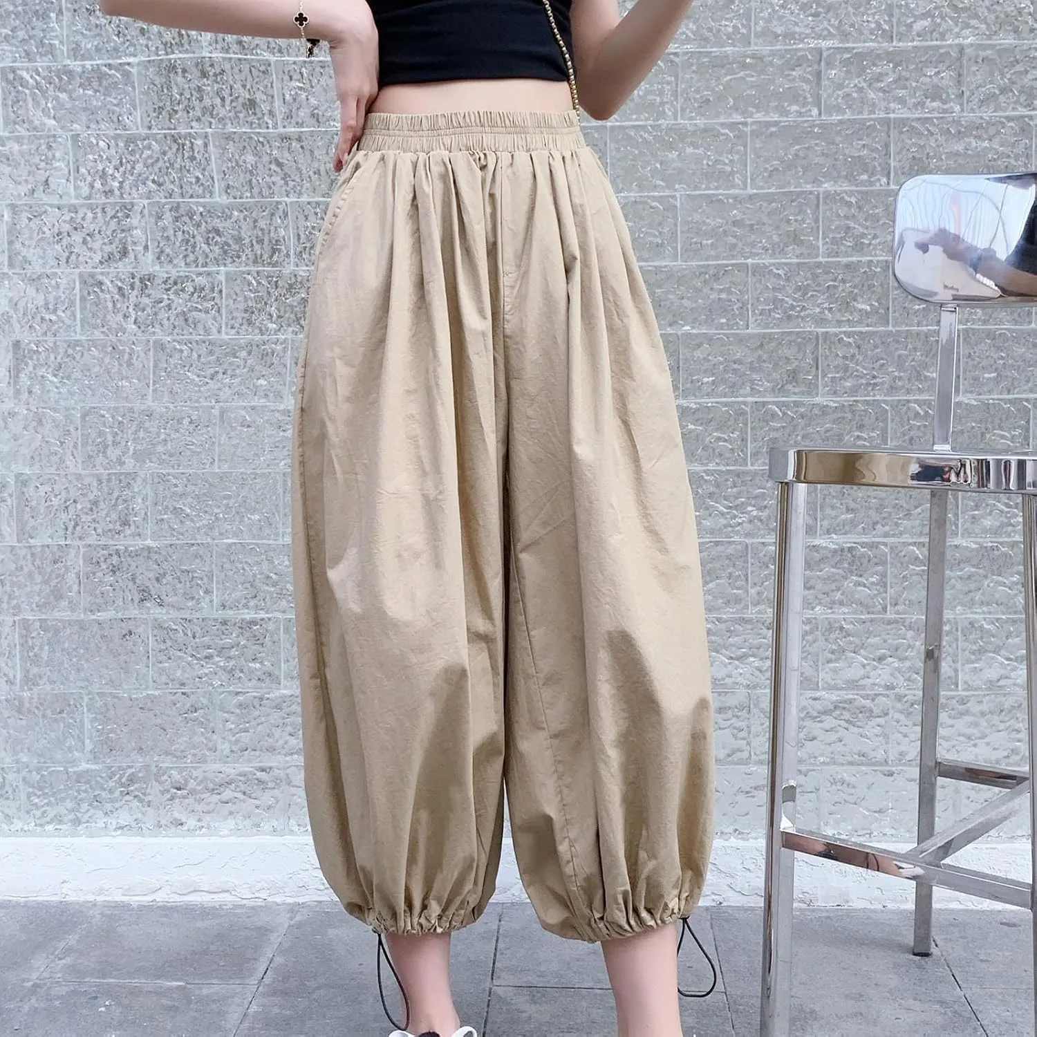 Uillui Women's Boho Harem Crop Pants Wide Leg Hippie Gypsy Yoga Capris Elastic Waist Loose Baggy Casual Palazzo Pants Pocket